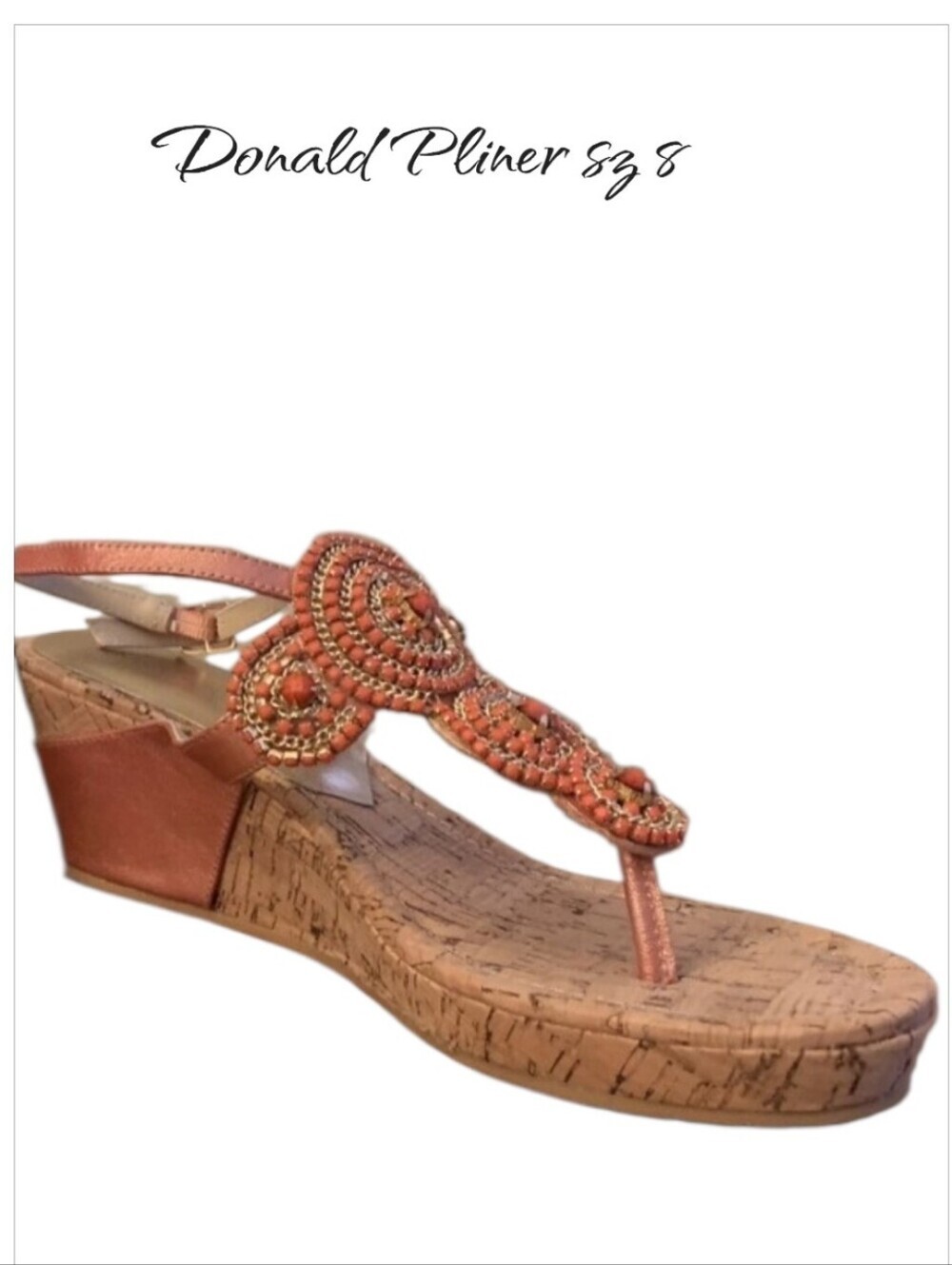 Donald Pliner Punch Pearlized Metallic Beaded Cork Wedge Sandals Size 8